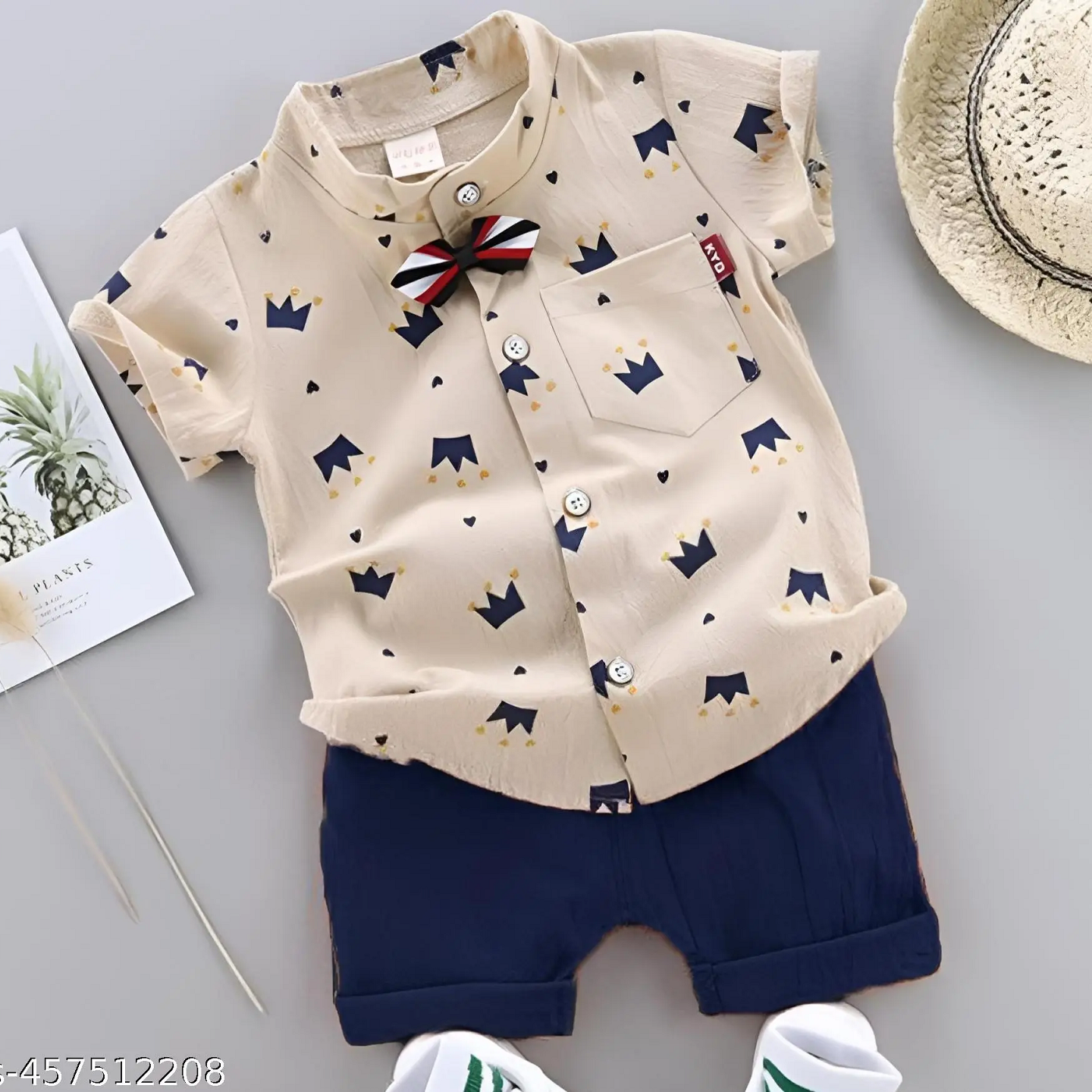 Beige Navy Printed Cotton Blend T-Shirts & Shorts For Kids